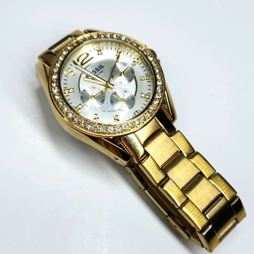 Fossil Watch ES2421 Gold Steel  Wristband Crystal Bezel White Face Multi